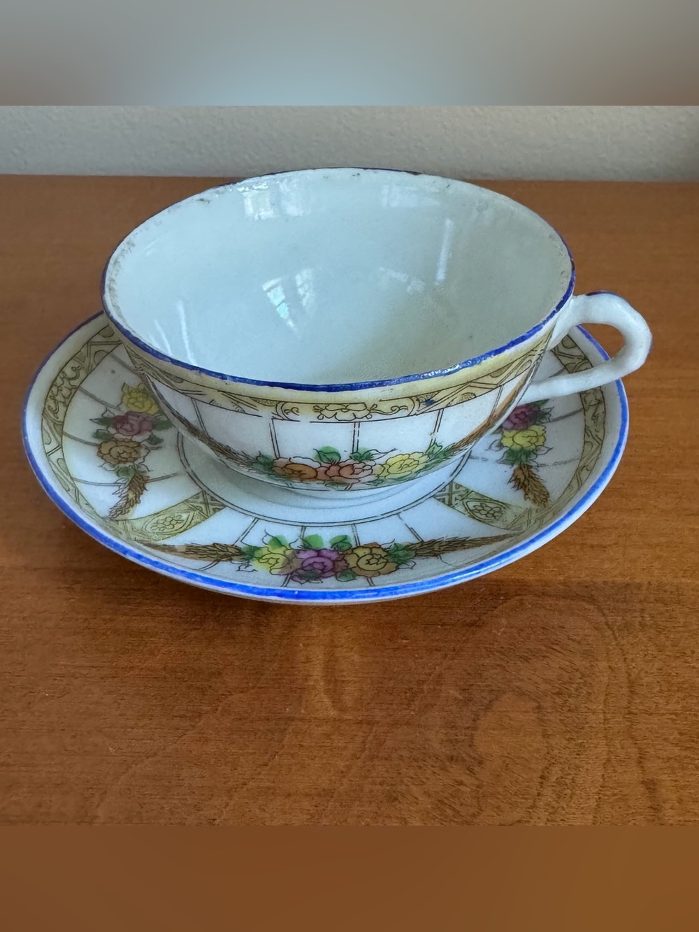 Vintage Toy Tea Cup & Saucer Made Japan Hand Painted Flower Garlands Porcelain
